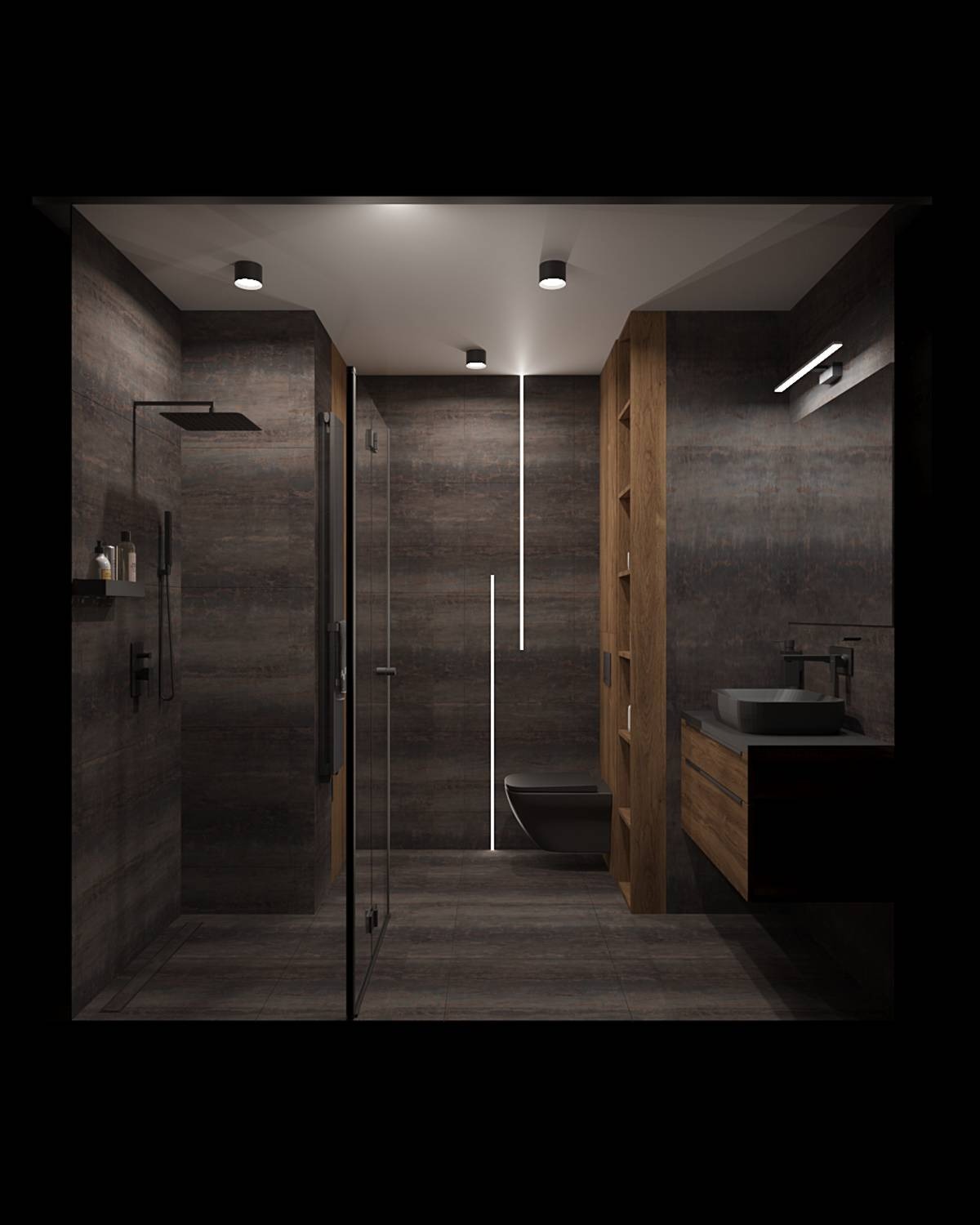 Nowoczesna łazienka z ciemnymi płytkami imitującymi drewno, kabiną prysznicową typu walk-in i podświetleniem LED. Minimalistyczny design z drewnianymi akcentami.