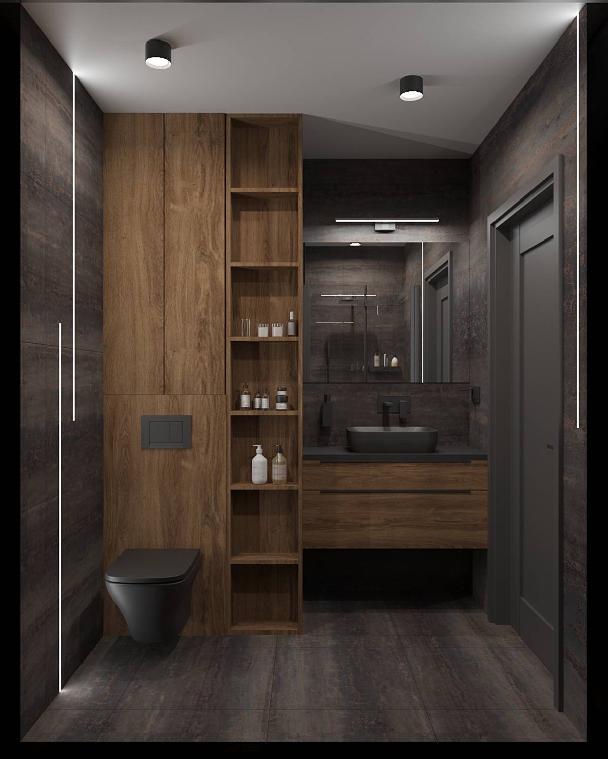 Nowoczesna łazienka z drewnianymi szafkami, czarną armaturą i podświetleniem LED. Minimalistyczny design z akcentem na naturalne materiały i stonowaną kolorystykę.