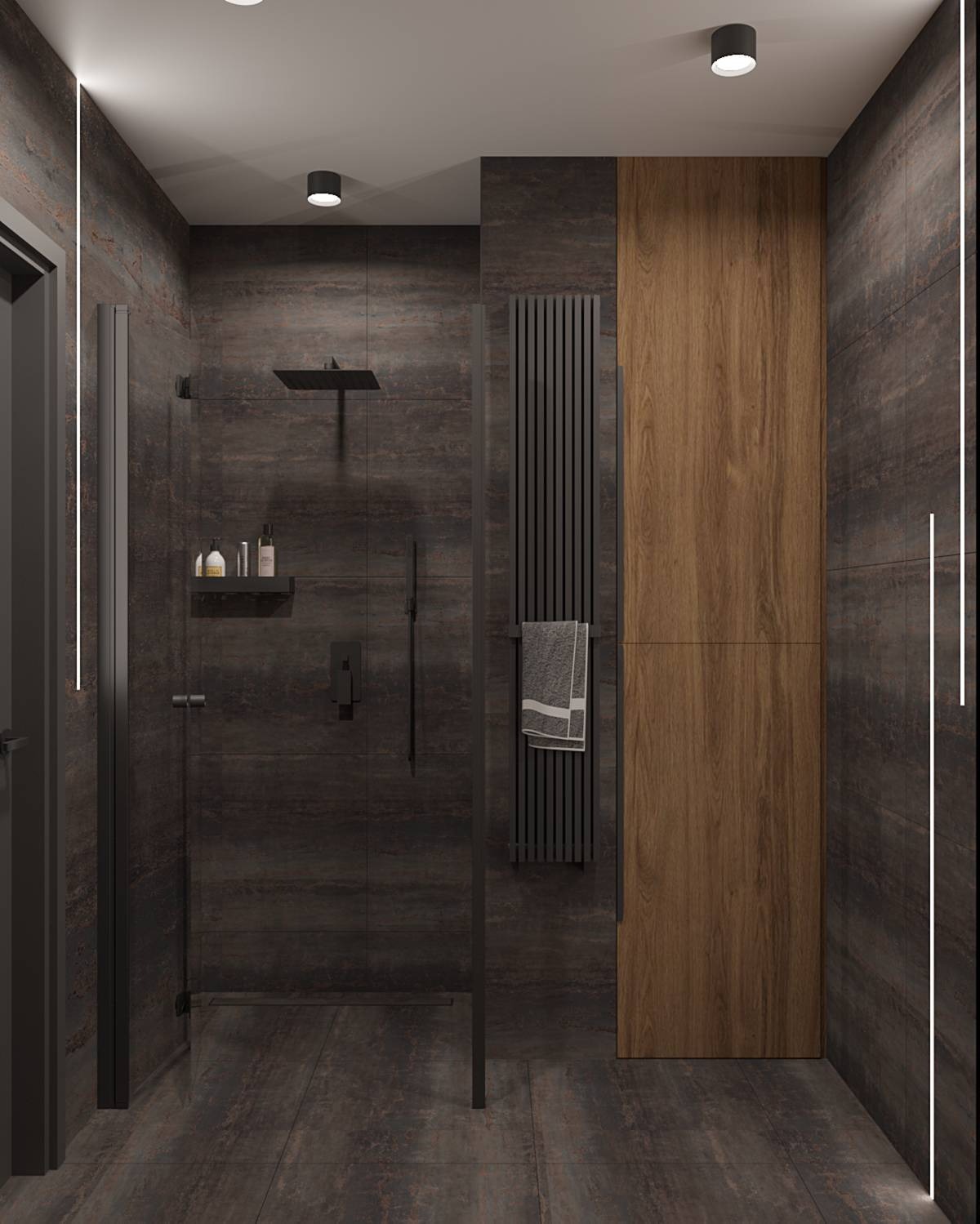 Nowoczesna łazienka z kabiną prysznicową typu walk-in, ciemnymi płytkami imitującymi kamień i drewnianą szafką. Minimalistyczny design z oświetleniem LED.
