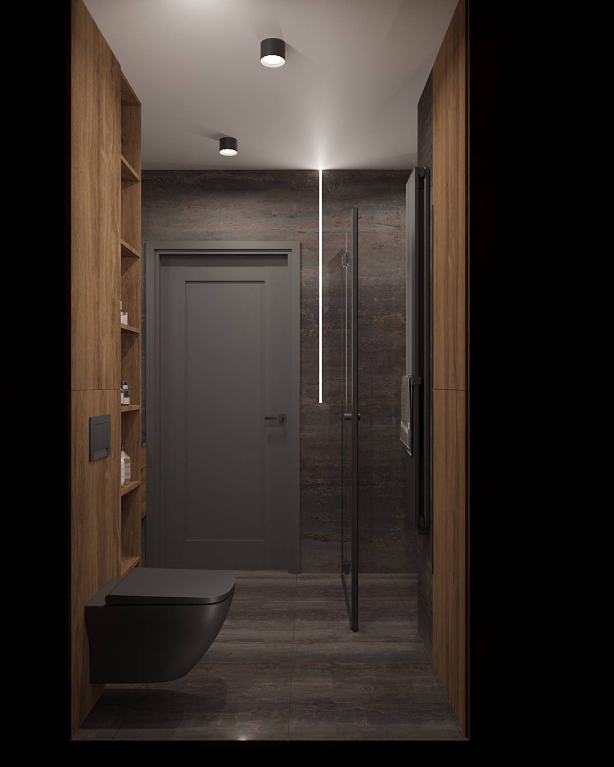 Nowoczesna łazienka z ciemnymi płytkami, drewnianą zabudową i minimalistyczną kabiną prysznicową. Oświetlenie punktowe i liniowe podkreśla surowy charakter wnętrza.