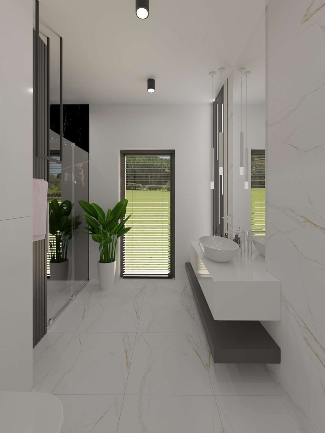 Nowoczesna łazienka z marmurową podłogą, minimalistyczną umywalką na blacie i roślinami doniczkowymi. Widok na zewnątrz przez okno z żaluzjami.