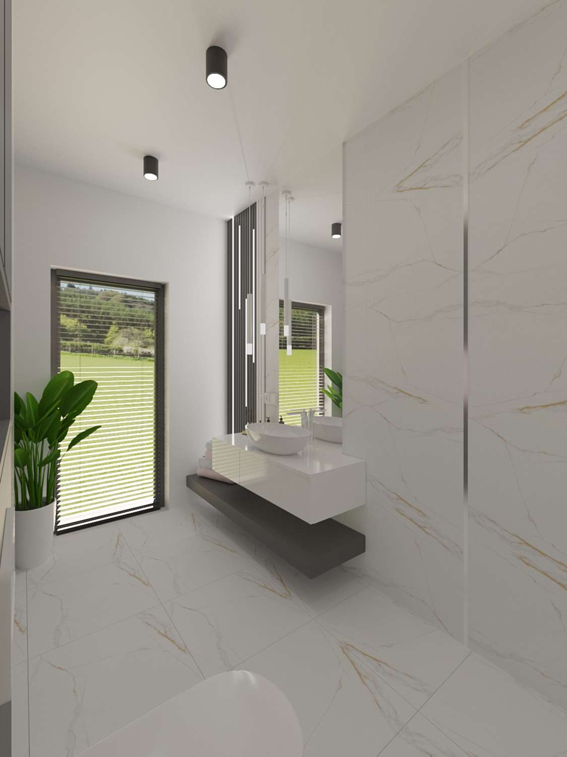 Nowoczesna łazienka z marmurowymi płytkami, wiszącą szafką z umywalką i dużym oknem z widokiem na zieleń. Minimalistyczne oświetlenie punktowe i dekoracyjne lampy wiszące.
