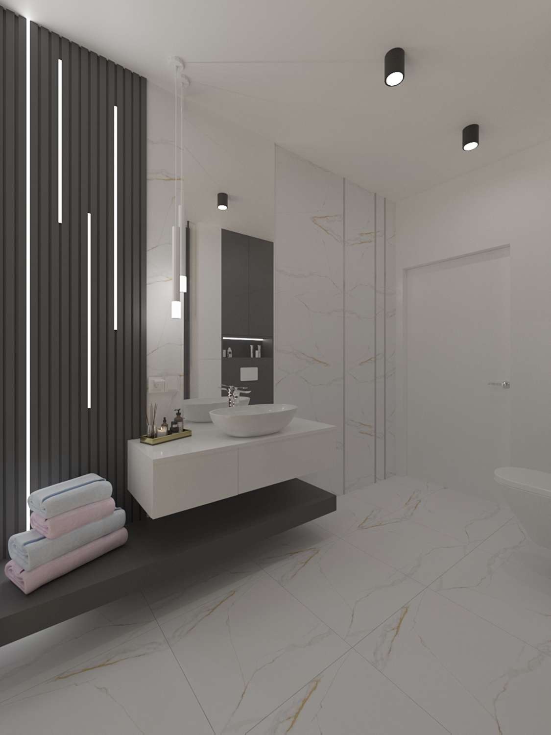 Nowoczesna łazienka z marmurową podłogą i ścianami, wisząca szafka z umywalką, dekoracyjna ściana z oświetleniem LED i stertą ręczników. Minimalistyczny design.