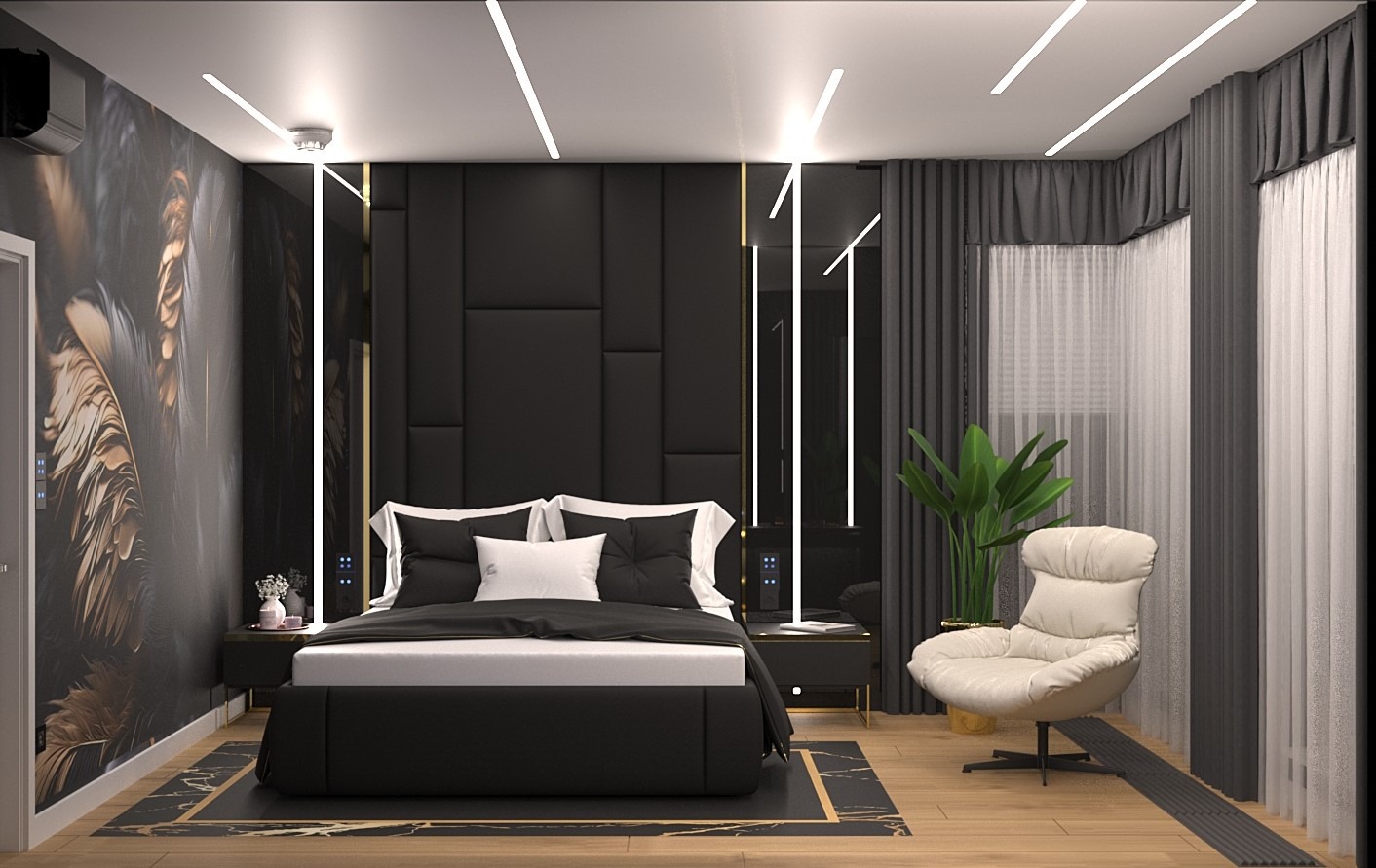 Nowoczesna sypialnia w czerni i bieli z akcentami złota. Tapeta z motywem roślinnym, podświetlane panele ścienne, designerski fotel i drewniana podłoga.