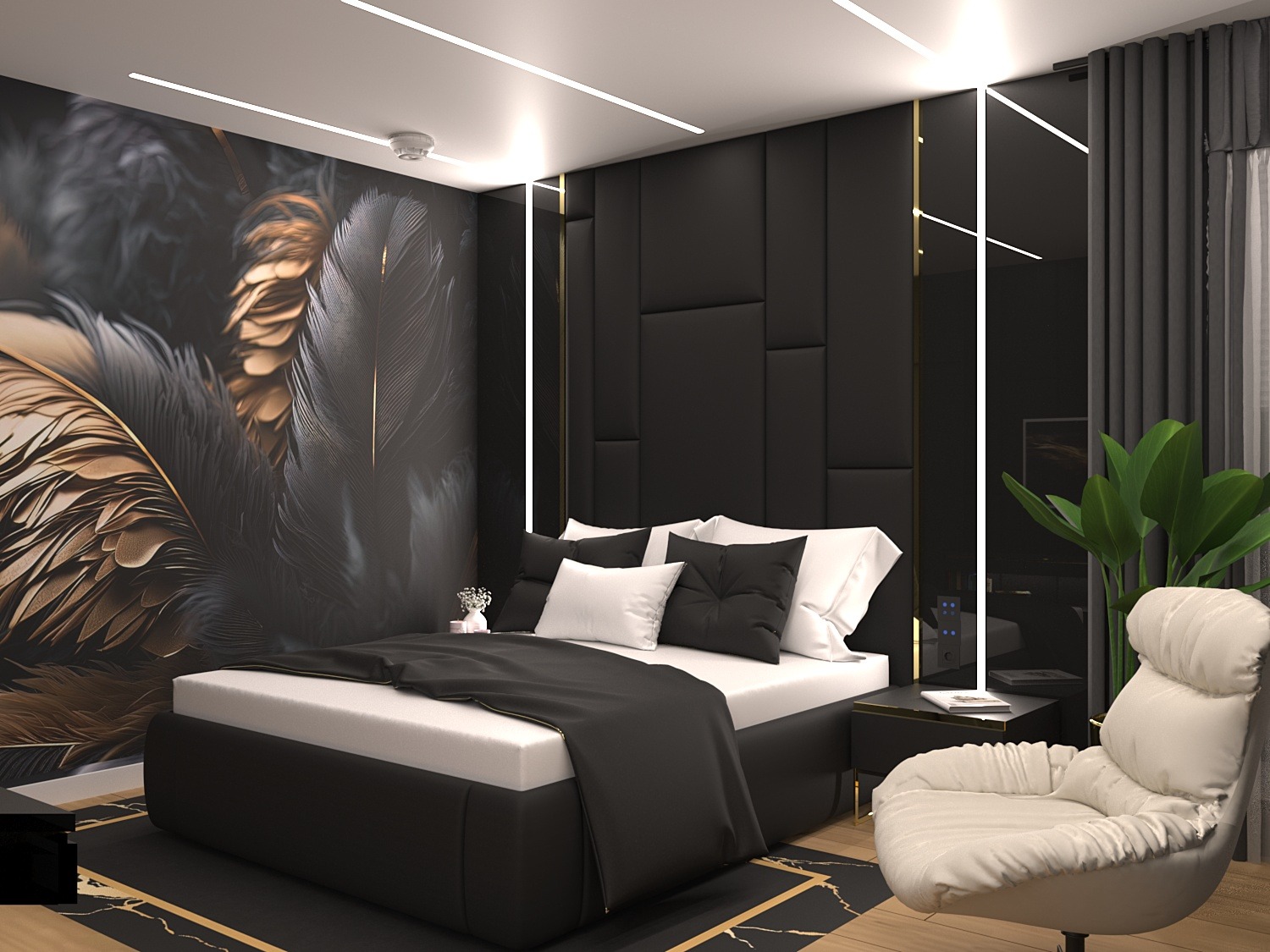 Nowoczesna sypialnia w czerni i bieli z akcentami złota. Tapeta z motywem piór, podświetlane panele ścienne, minimalistyczne oświetlenie i fotel w stylu glamour.