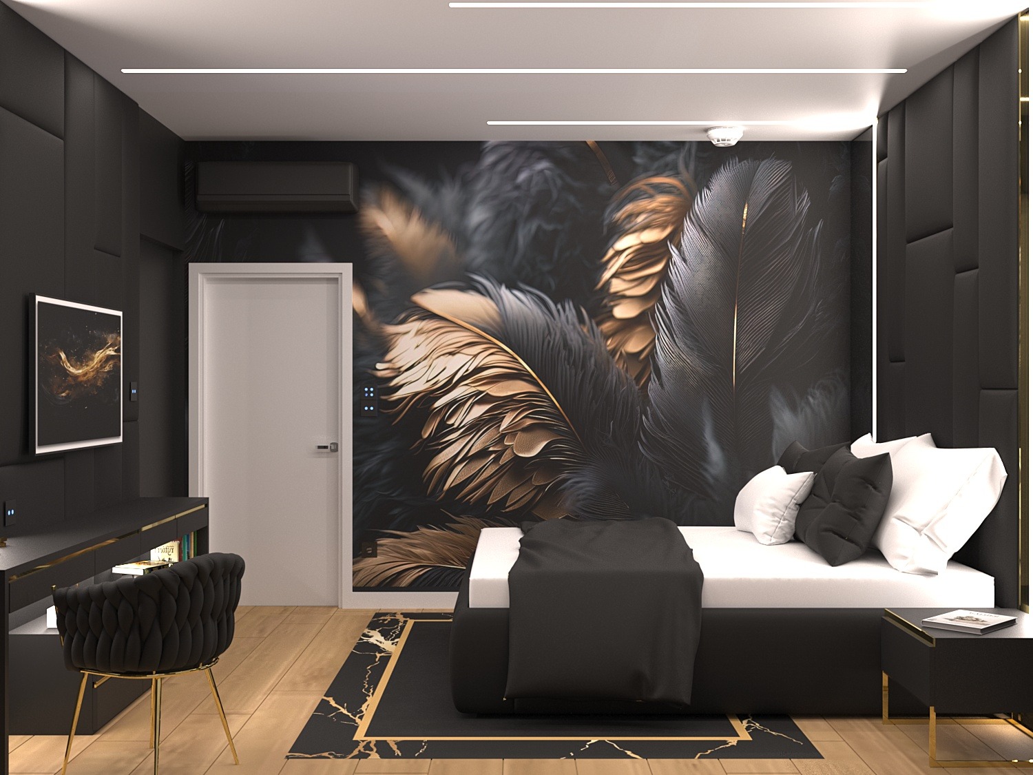 Nowoczesna sypialnia w czerni i złocie: tapeta z motywem piór, pikowane panele ścienne, biurko z krzesłem i dywan z marmurowym wzorem. Minimalistyczny design.