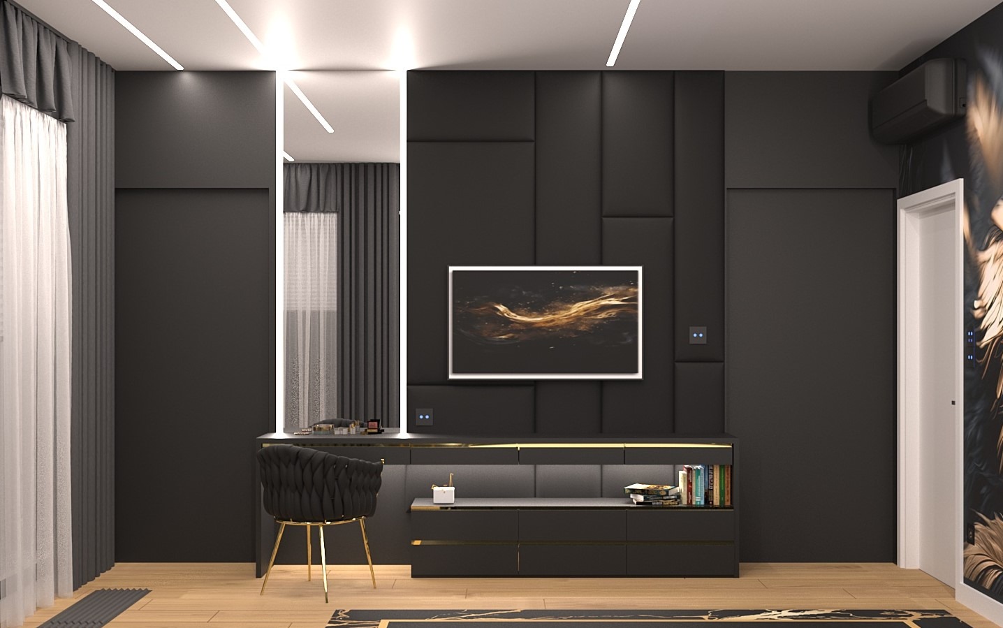 Elegancka, czarno-złota aranżacja wnętrza z tapicerowaną ścianą, biurkiem, krzesłem i oświetleniem LED. Minimalistyczny design z akcentami luksusu.