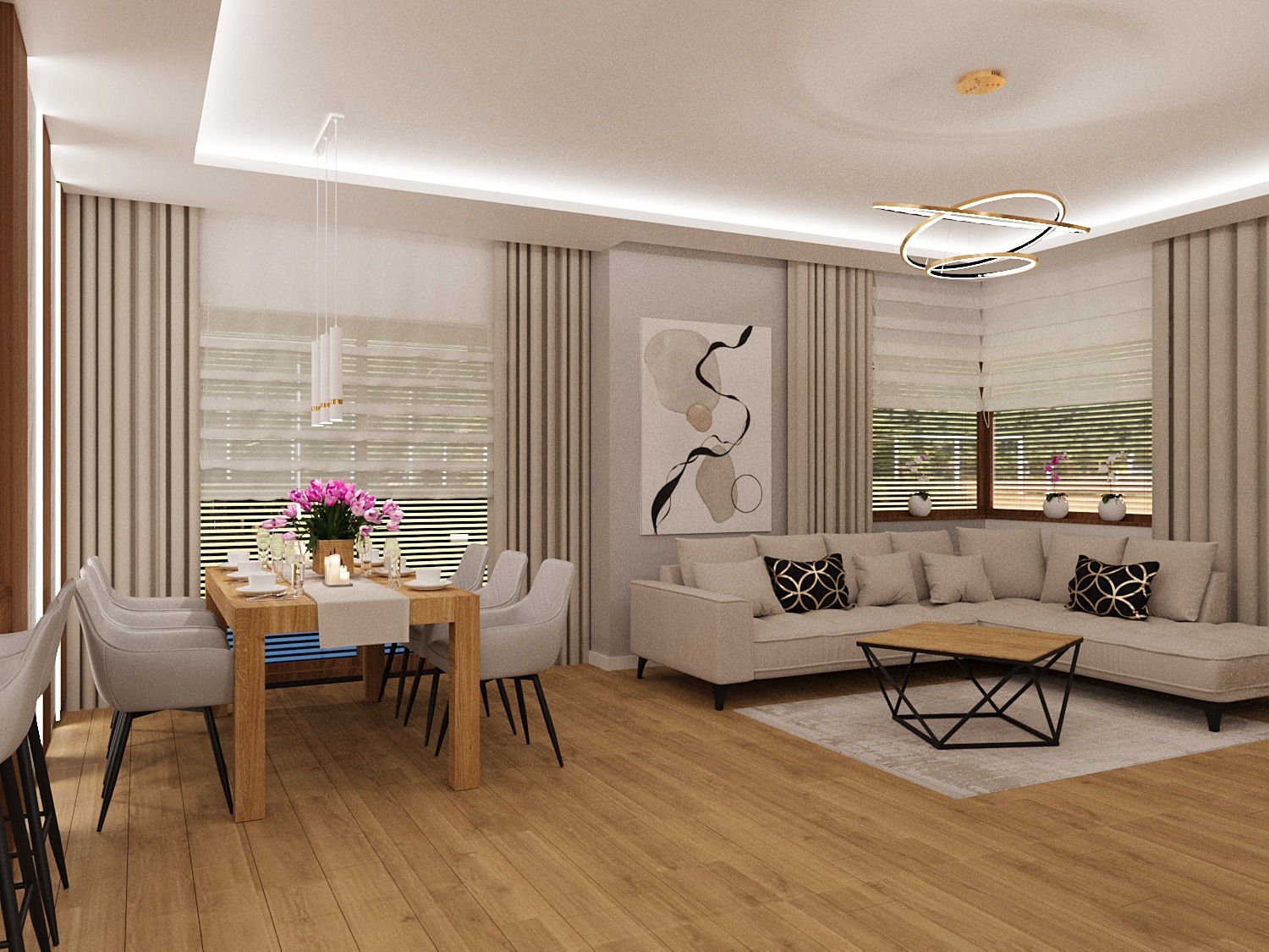 Jasne wnętrze: stół z kwiatami, sofa z wzorzystymi poduszkami, abstrakcyjny obraz na ścianie, nowoczesna lampa sufitowa i drewniana podłoga.