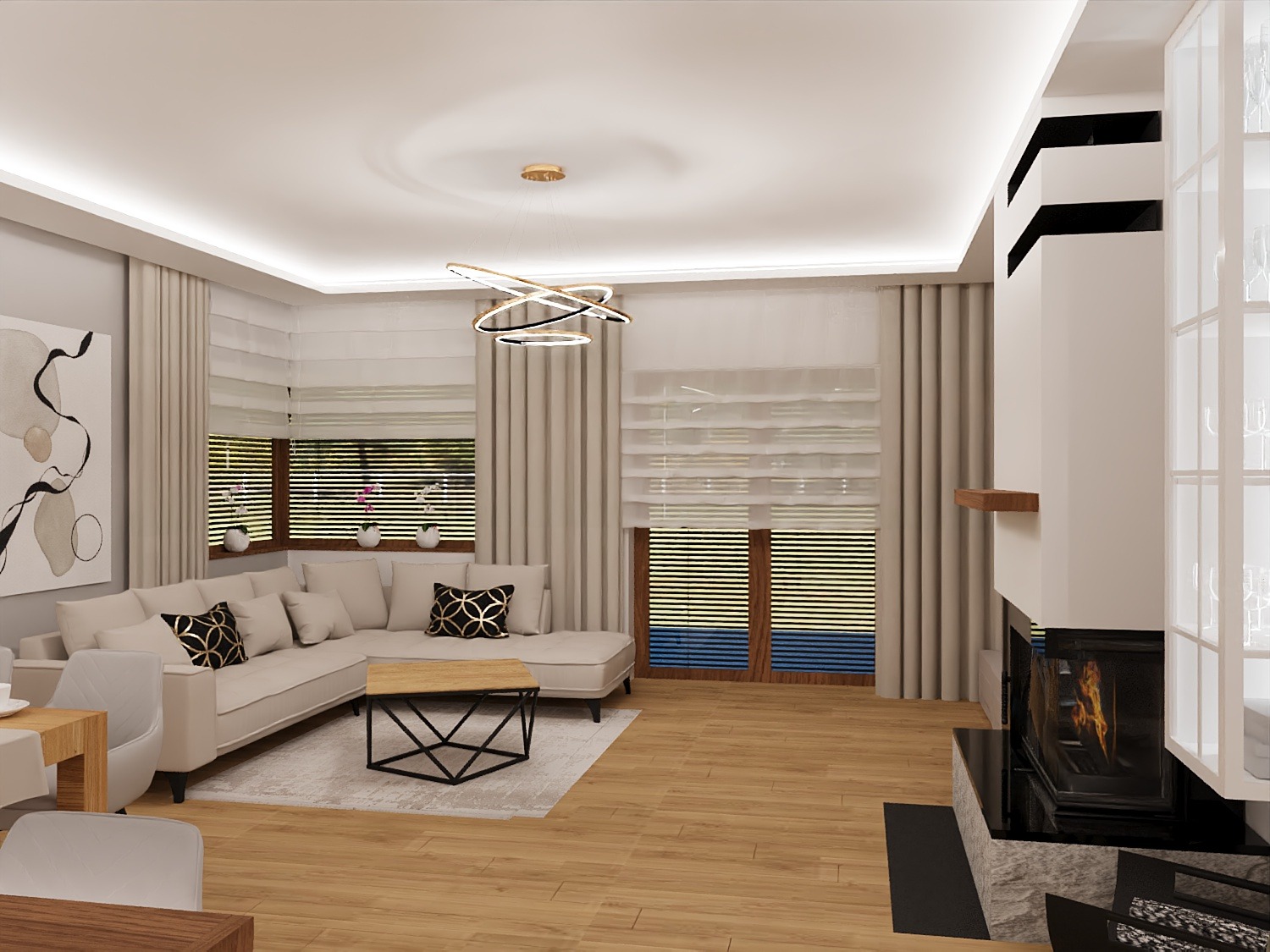 Jasny salon z beżową sofą narożną, geometrycznym stolikiem kawowym i kominkiem. Okna z żaluzjami w tle. Nowoczesne oświetlenie sufitowe.