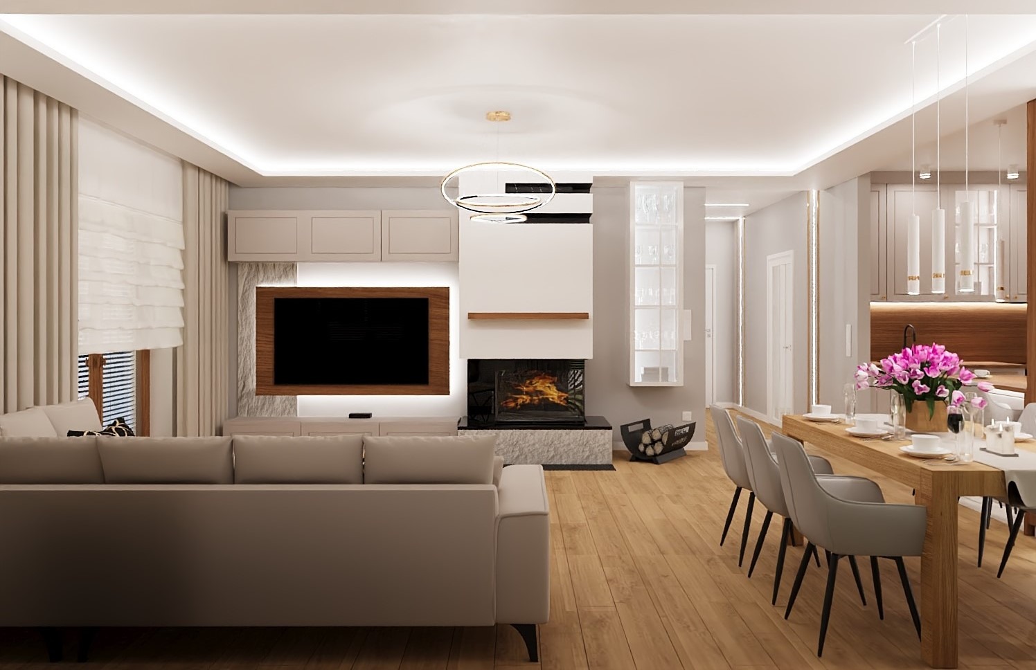 Jasne wnętrze salonu z kominkiem i jadalnią. Kremowa sofa, drewniany stół z kwiatami, nowoczesne oświetlenie. Minimalistyczny design z akcentami drewna i bieli.