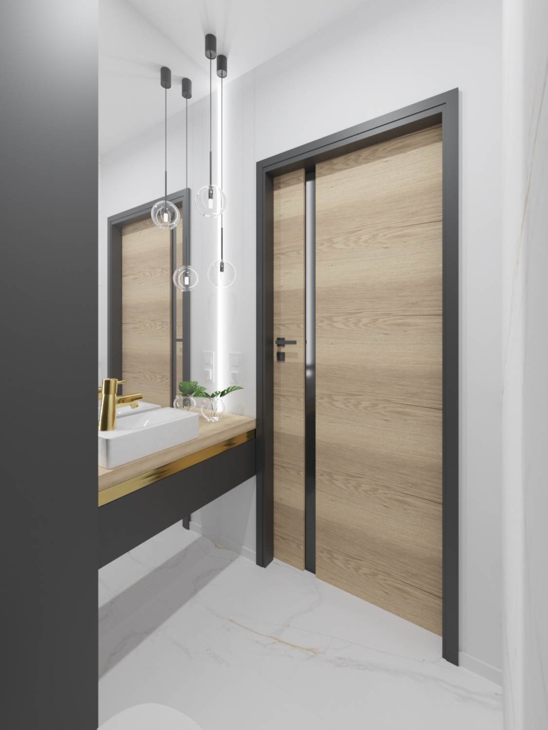 Nowoczesna łazienka z białymi marmurowymi płytkami, wiszącą szafką umywalkową w kolorze grafitowym z złotymi akcentami, białą umywalką, złotą baterią, trzema wiszącymi lampami z przezroczystymi...
