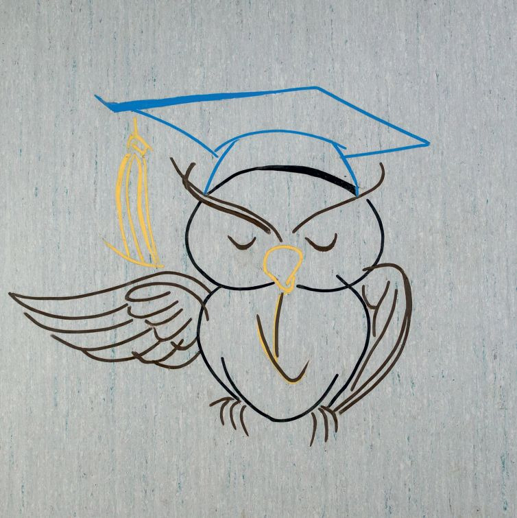 Linoryt sowy w birecie absolwenta, wykonany na jasnoszarej wykładzinie podłogowej z delikatnym wzorem.