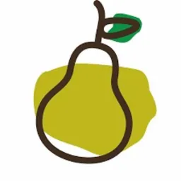 Stylizowana grafika gruszki z grubym obrysem i zielonym liściem na krótkiej gałązce, na rozmytym tle w odcieniach żółci.