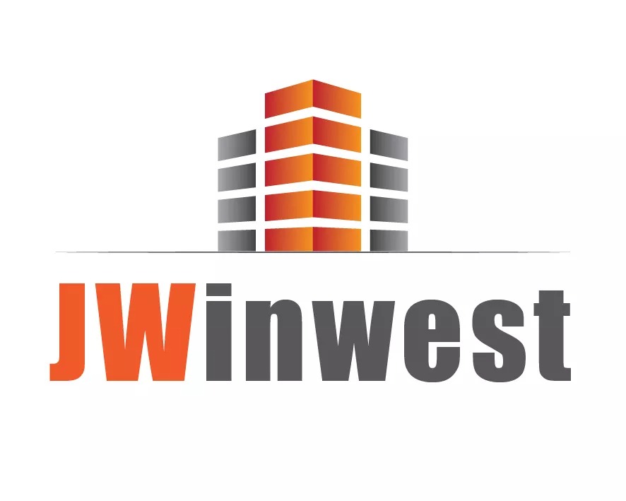 Logo firmy JWinwest z Gdańska przedstawiające stylizowany budynek z pomarańczowo-szarych bloków.