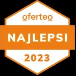 Pomarańczowy sześciokąt z napisem 'oferteo NAJLEPSI 2023' wewnątrz.