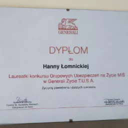 Dyplom dla Hanny Łomnickiej, laureatki konkursu grupowych ubezpieczeń na życie MIŚ w Generali Życie T.U.S.A., z logo Generali w górnej części.