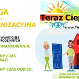 Grafika informacyjna o uldze termomodernizacyjnej dla właścicieli domów jednorodzinnych, prezentująca kwotę dofinansowania, czas trwania prac i okres odpisu podatkowego, z ilustracją pary niosącej...