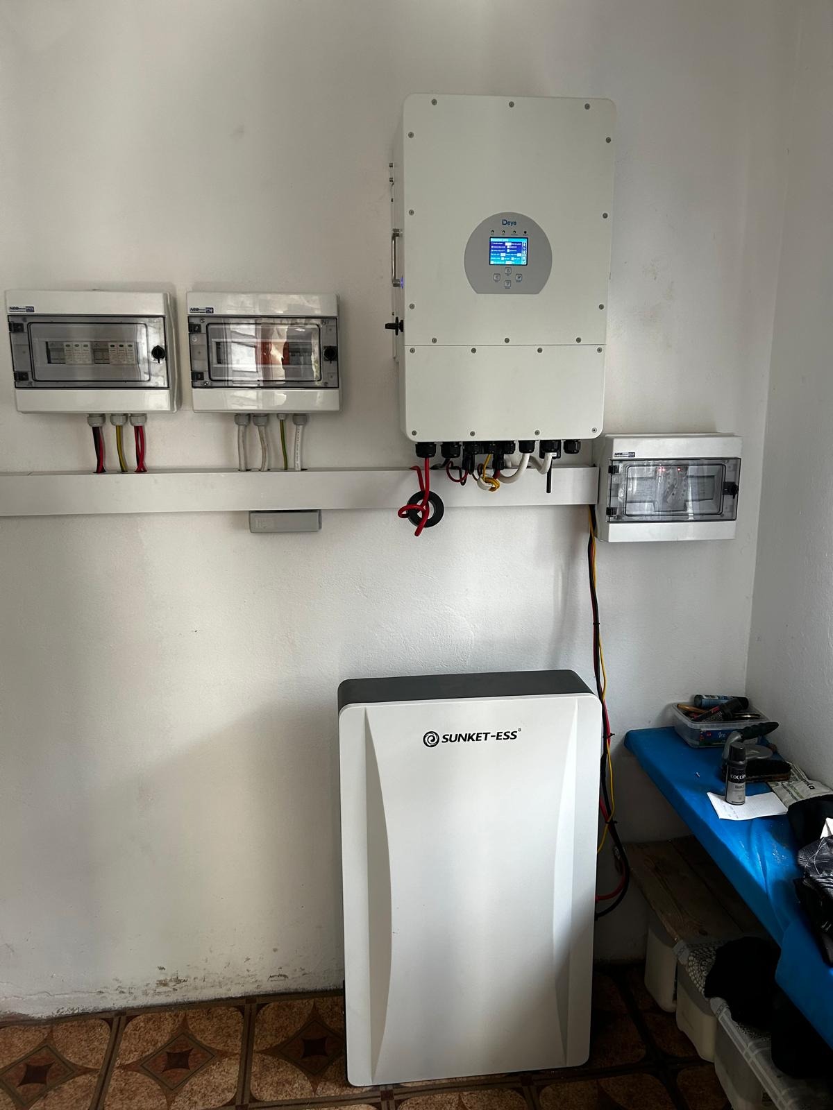Biały inwerter fotowoltaiczny marki Days z podłączonymi kablami, wiszący na ścianie nad akumulatorem Sunket-ESS, obok skrzynki bezpiecznikowe i narzędzia na niebieskim stole