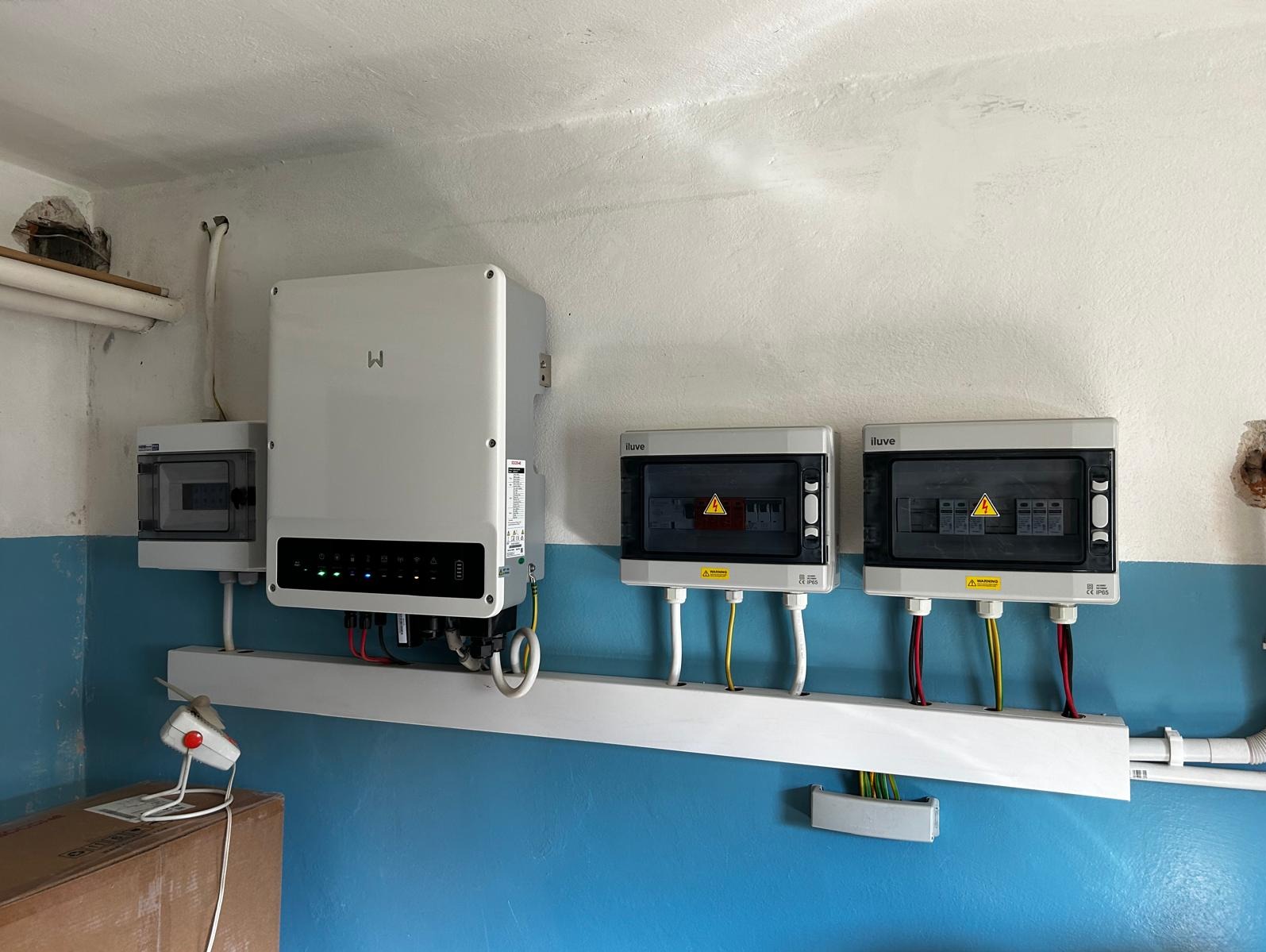 Szary inwerter fotowoltaiczny z podłączonymi kablami i dwoma skrzynkami zabezpieczeniowymi iluve zamontowany na niebieskiej ścianie, widoczne kable w kolorach żółtym i czerwonym.