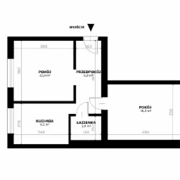 Schemat mieszkania z pokojami, kuchnią i łazienką. Widoczne wymiary pomieszczeń i ich powierzchnie w metrach kwadratowych. Rzut z g&oacute;ry, czarno-biała grafika.