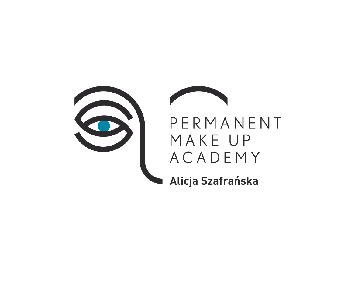 Minimalistyczne logo Permanent Make Up Academy Alicji Szafrańskiej, przedstawiające schematyczną twarz z niebieskim okiem.