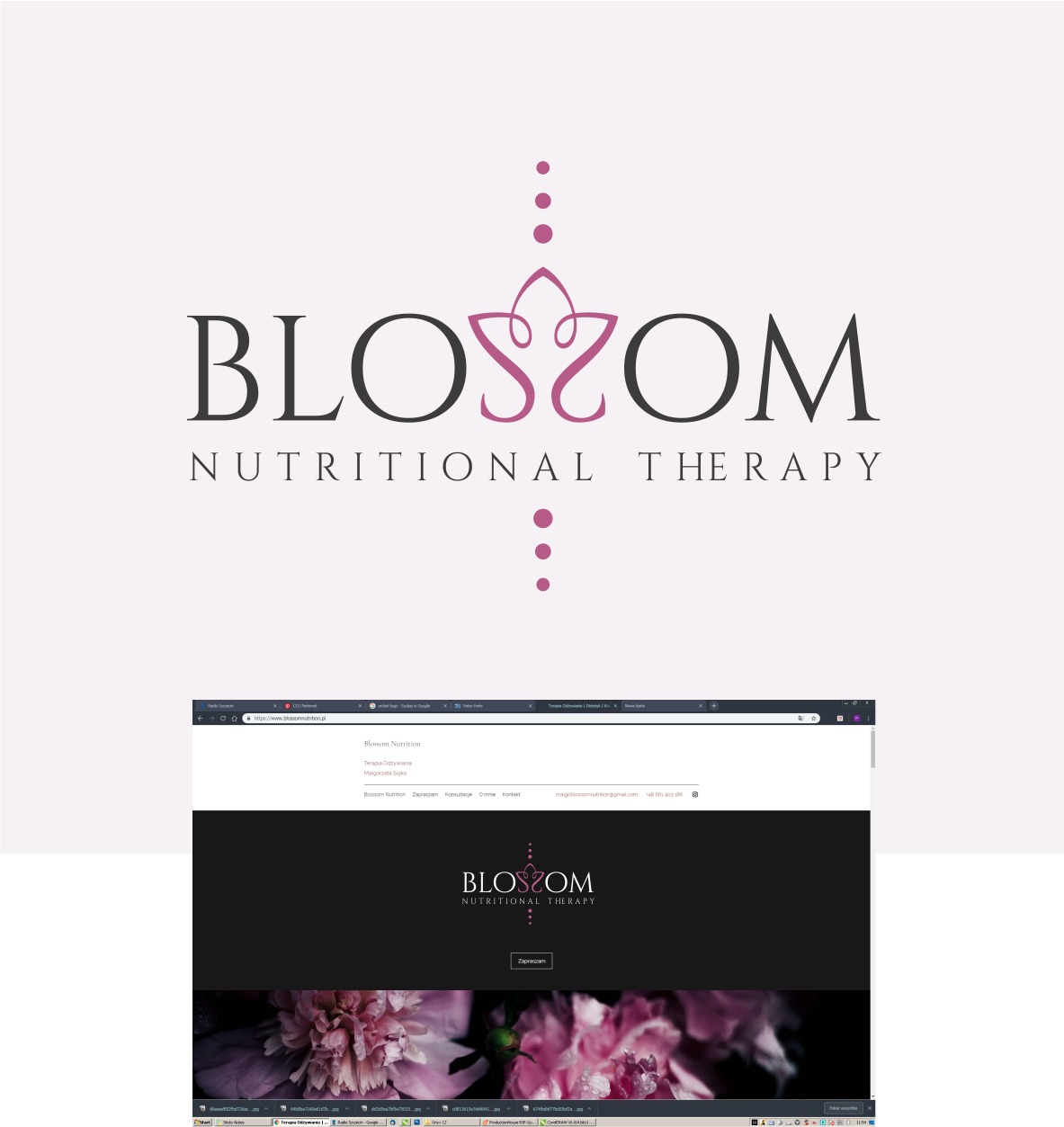 Ekran komputera z otwartą stroną internetową Blossom Nutrition z logo firmy: stylizowany kwiat lilii nad nazwą Blossom Nutritional Therapy.