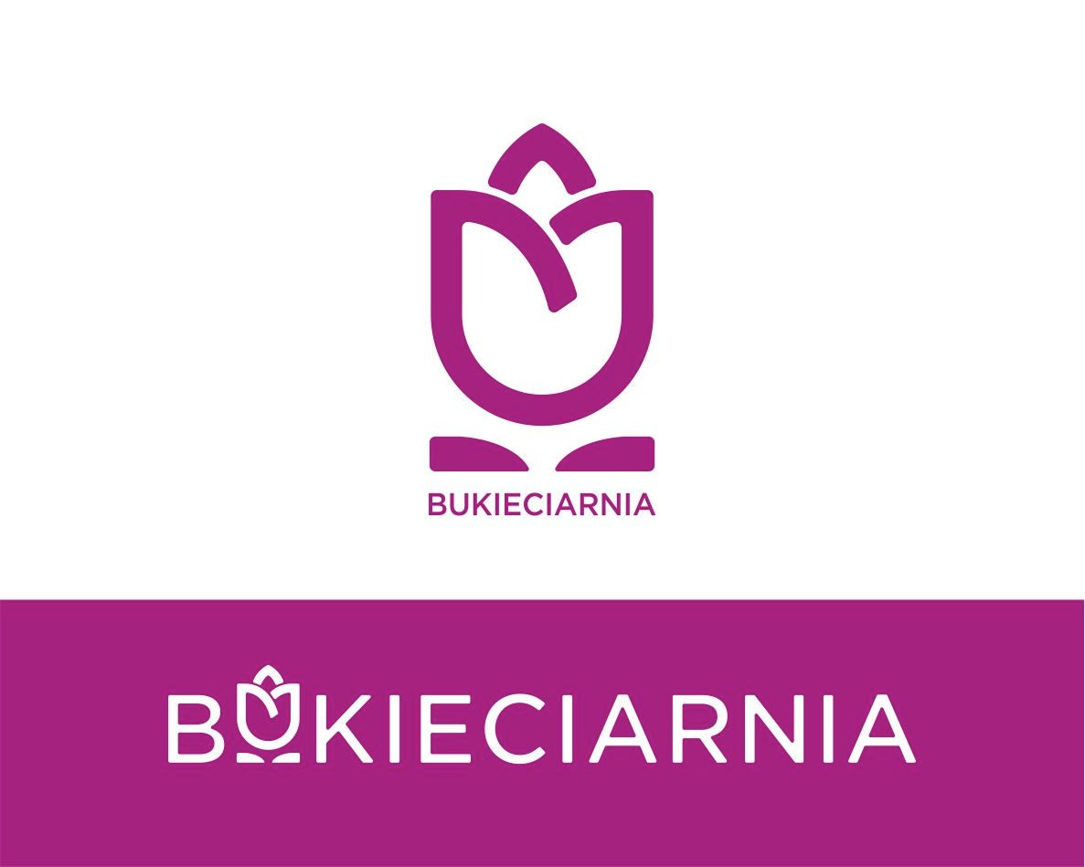 Minimalistyczne logo kwiaciarni 'Bukieciarnia' w odcieniach fuksji: stylizowany tulipan nad nazwą firmy, powtórzone w prostokącie poniżej.