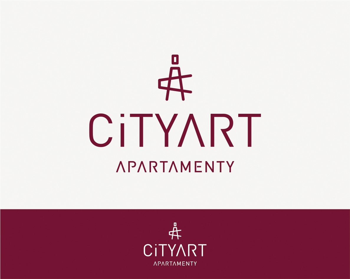 Minimalistyczny logotyp 'City Art Apartamenty' w odcieniach burgundu, prezentowany na jasnym tle w górnej części i na ciemniejszym, burgundowym tle w dolnej części kadru.