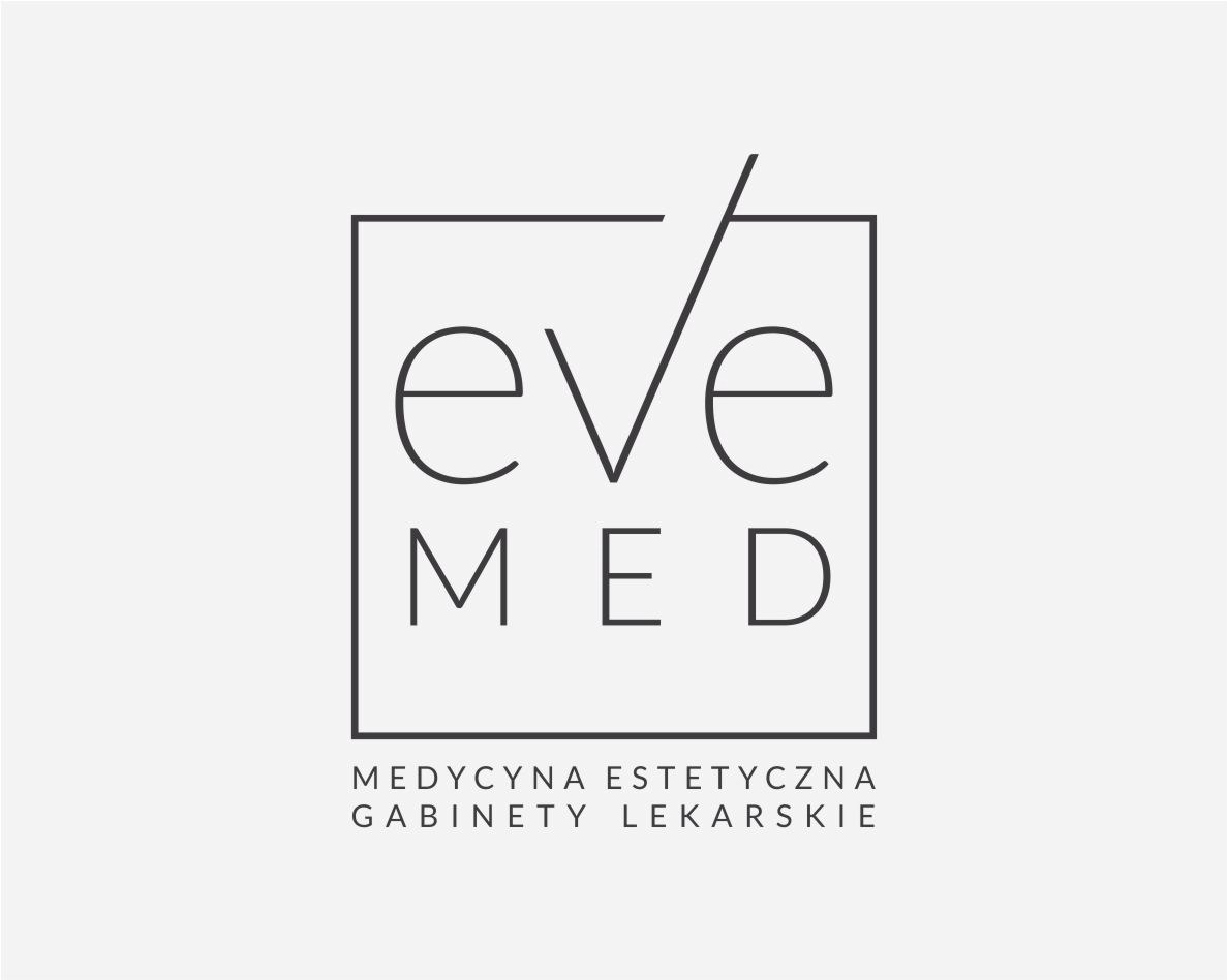 Minimalistyczne logo Eve Med dla medycyny estetycznej, z nazwą wewnątrz kwadratu przeciętą ukośną linią.
