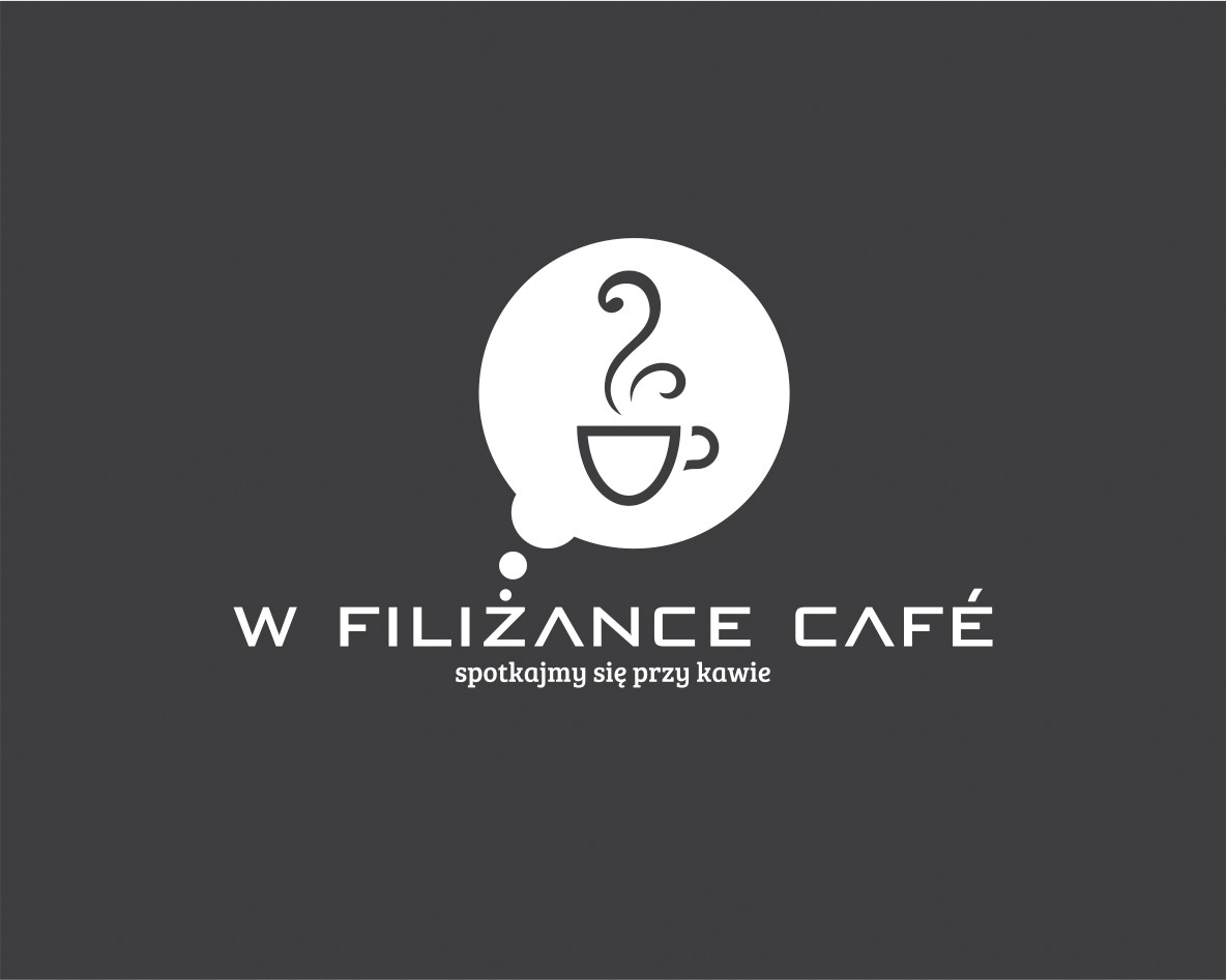Minimalistyczne logo kawiarni 'W Filiżance Café' z ikoną filiżanki w dymku i hasłem 'spotkajmy się przy kawie' na ciemnoszarym tle.