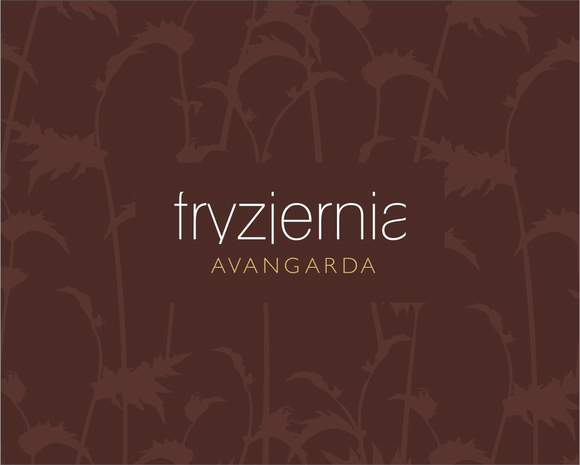 Minimalistyczny projekt logo dla fryzjerstwa 'Avangarda' na ciemnobrązowym tle z motywem roślinnym.