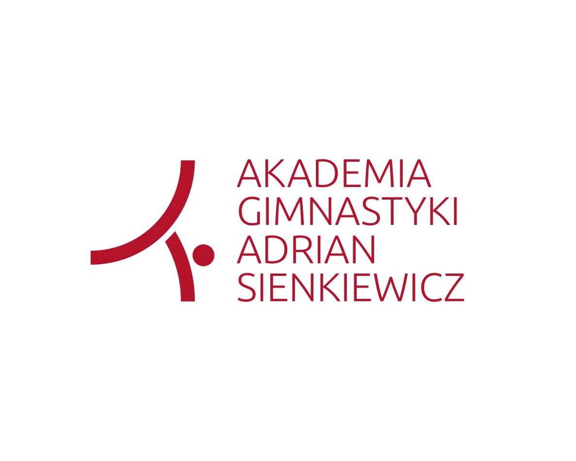 Logo Akademii Gimnastyki Adrian Sienkiewicz, przedstawiające stylizowaną sylwetkę gimnastyka w kolorze bordowym obok nazwy akademii.