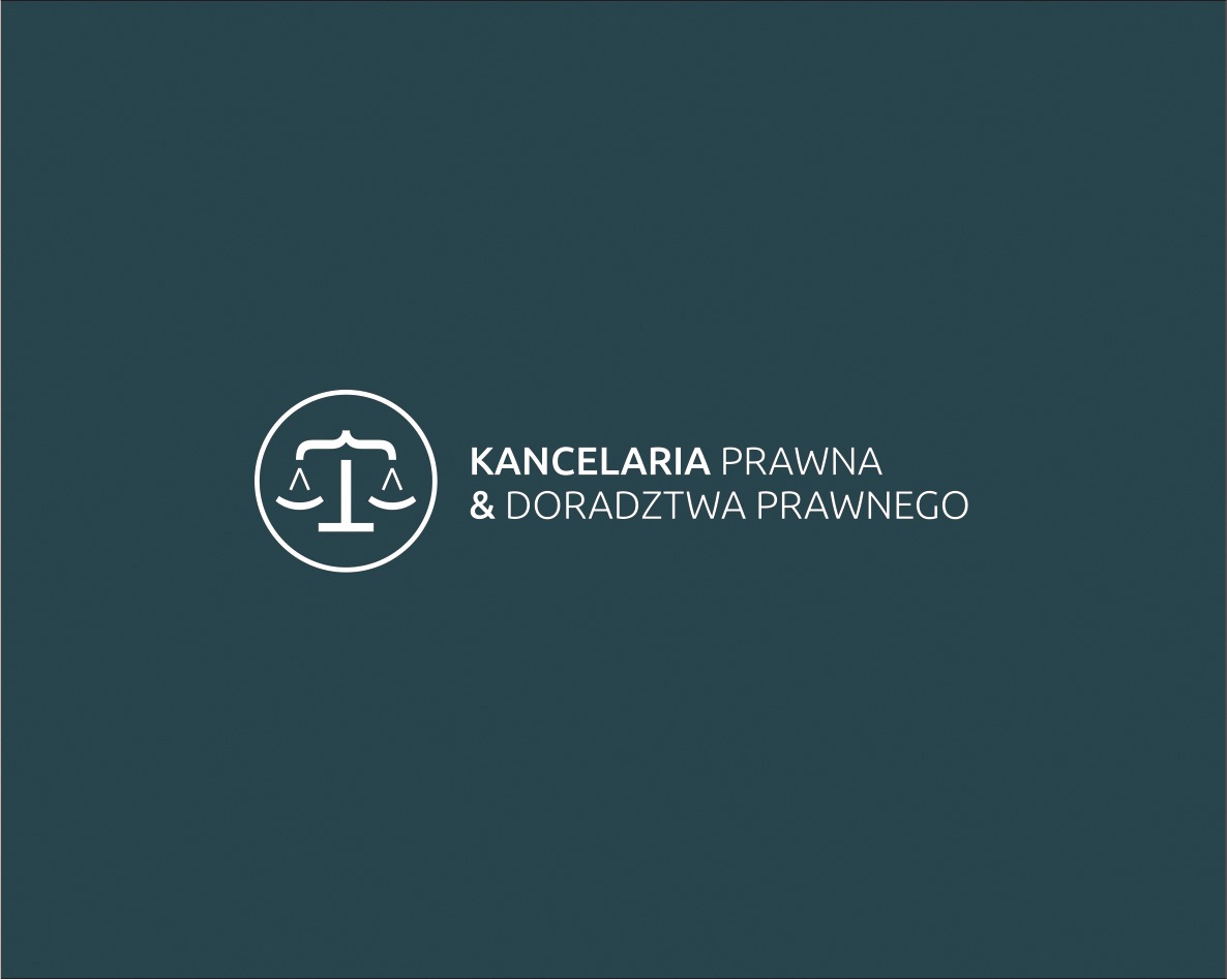 Minimalistyczne logo kancelarii prawnej z symbolem wagi w okręgu i tekstem 'KANCELARIA PRAWNA & DORADZTWA PRAWNEGO' na ciemnym tle.