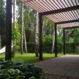 Zadaszona konstrukcja z ciemnego drewna z jasnymi listwami, tworząca zacienione przejście na tle zieleni ogrodu z brzozami i ścieżką z kostki brukowej.