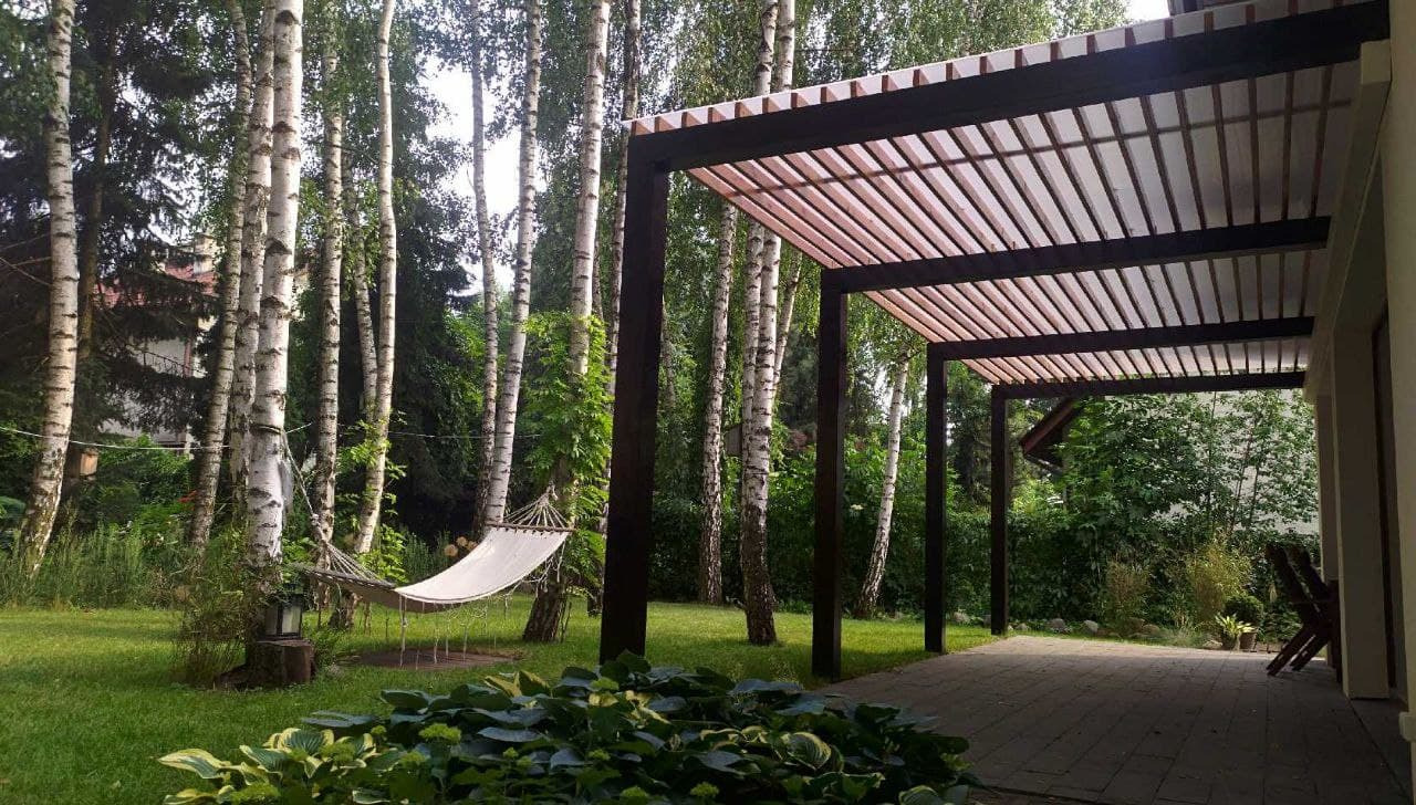 Drewniana pergola z zadaszeniem lamelowym, widok z tarasu na ogród z brzozami i hamakiem, oświetlenie popołudniowe.