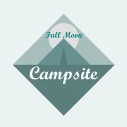 Geometryczny projekt logo z motywem kempingu: stylizowany namiot pod pełnią księżyca, nazwa 'Full Moon Campsite' w kolorach turkusu i bieli.