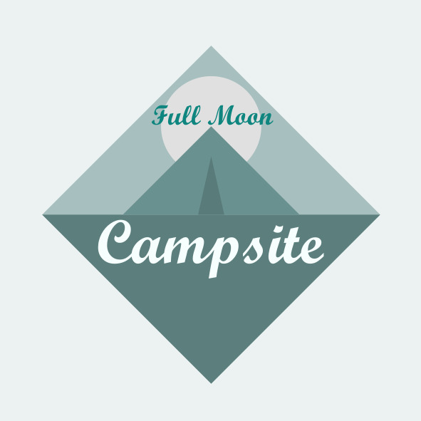 Geometryczny projekt logo z motywem kempingu: stylizowany namiot pod pełnią księżyca, nazwa 'Full Moon Campsite' w kolorach turkusu i bieli.