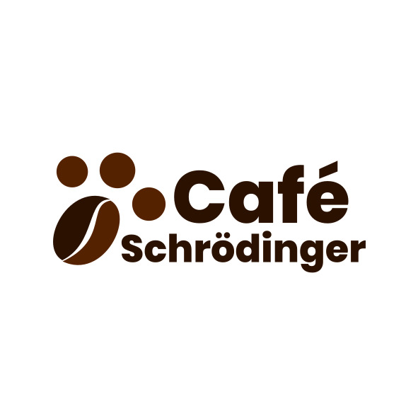 Logo kawiarni 'Café Schrödinger' z motywem łapy kota utworzonym z ziaren kawy, utrzymane w brązowej kolorystyce na białym tle.