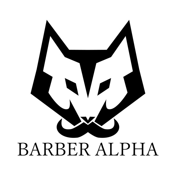 Czarno-białe logo przedstawiające stylizowaną głowę wilka z wąsami, poniżej napis 'BARBER ALPHA'.
