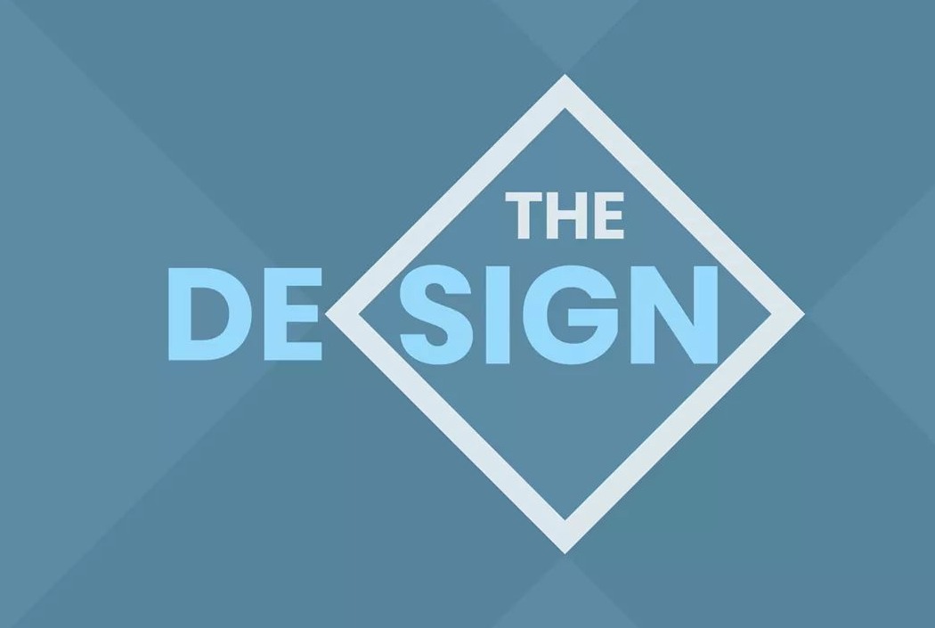 Grafika z napisem 'THE DESIGN' w jasnoniebieskiej kolorystyce, gdzie słowo 'SIGN' jest wpisane w biały romb, na tle w odcieniach niebieskiego.