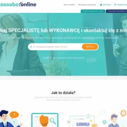 Strona internetowa z wyszukiwarką specjalist&oacute;w i wykonawc&oacute;w online, z grafiką przedstawiającą interakcje i prezentacje.