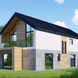 Wizualizacja dwukondygnacyjnego domu jednorodzinnego z dachem dwuspadowym, elewacją z elementami drewna, kamienia i białego tynku, dużymi przeszkleniami, balkonem z balustradą szklaną, otoczonego...