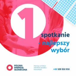 Grafika reklamowa: Uścisk dłoni, symbol '1' i panele słoneczne w tle, hasło 'spotkanie - najlepszy wybór', logo firmy 'Polska Energia Słoneczna' oraz dane kontaktowe.