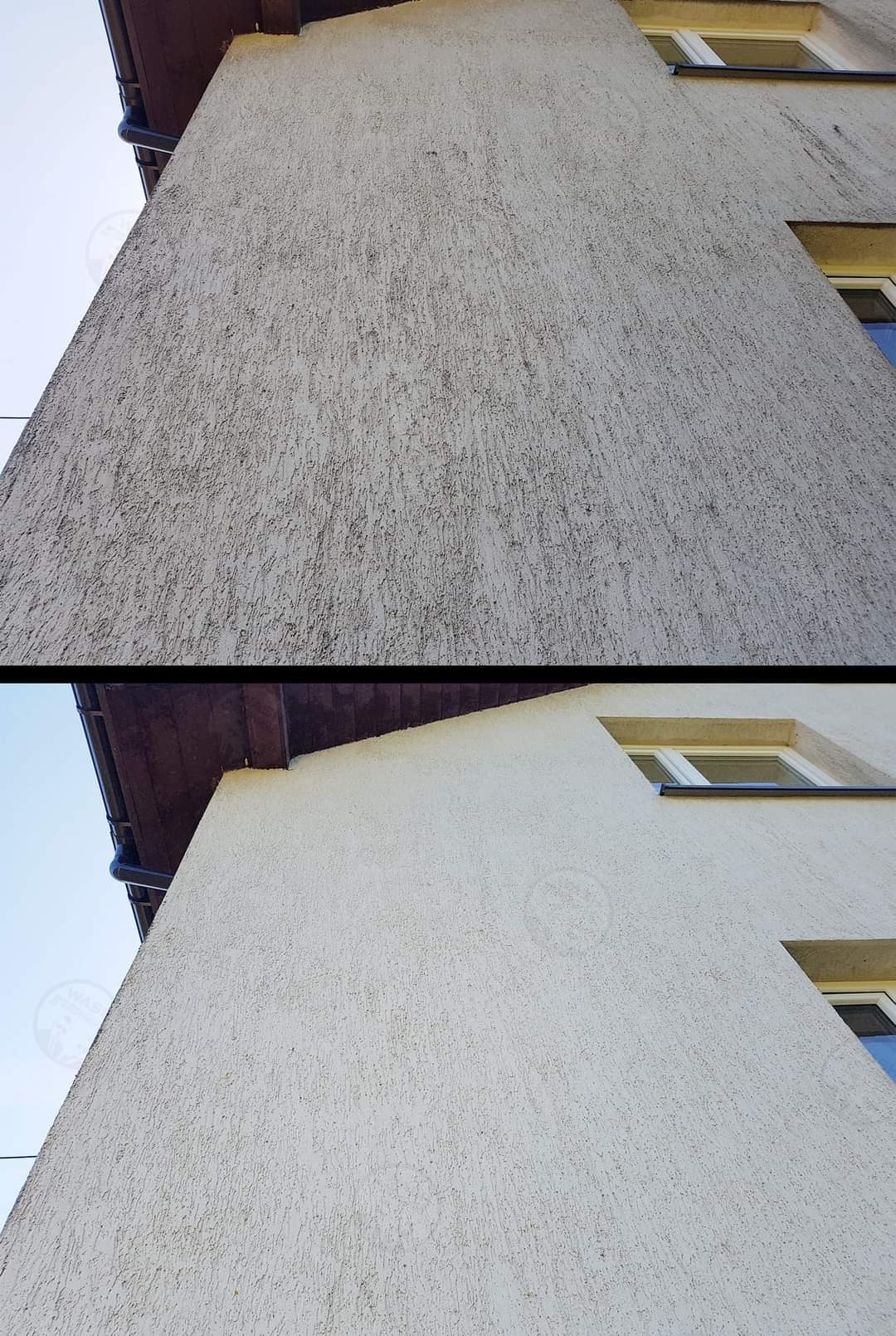 Porównanie fragmentu elewacji budynku przed i po zabiegu czyszczenia, ukazujące wyraźną różnicę w kolorze i usunięcie zabrudzeń, widoczne okna i fragment dachu.