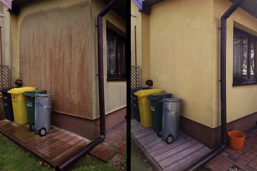 Zdjęcie elewacji narożnika budynku przed i po czyszczeniu, widoczne różnice w kolorze i zabrudzeniach, obok stoją pojemniki na śmieci i rynna spustowa.