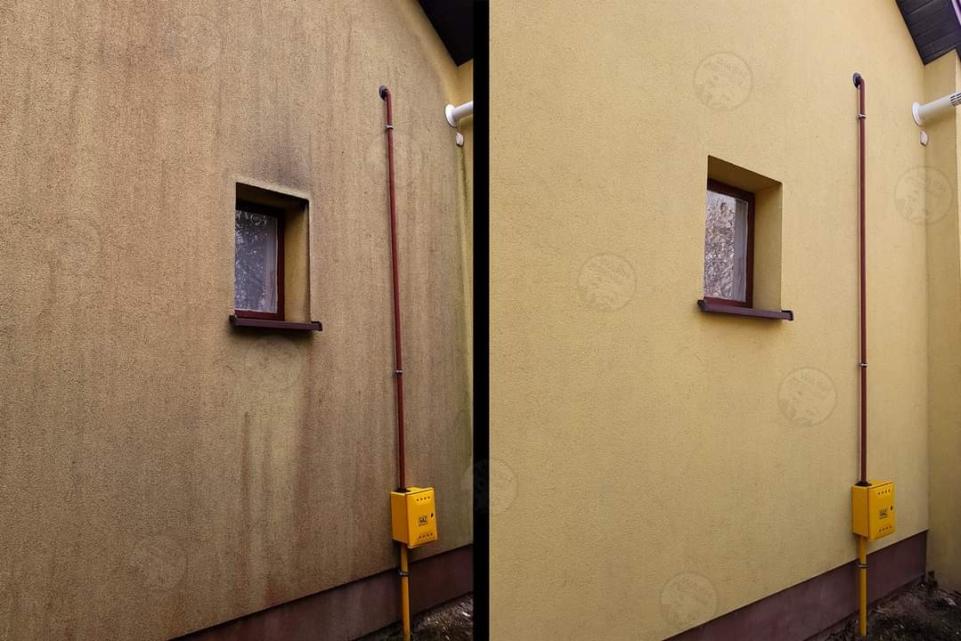 Porównanie fragmentu elewacji budynku przed i po czyszczeniu, widoczne różnice w kolorze i usunięte zabrudzenia wokół okna i na całej powierzchni.