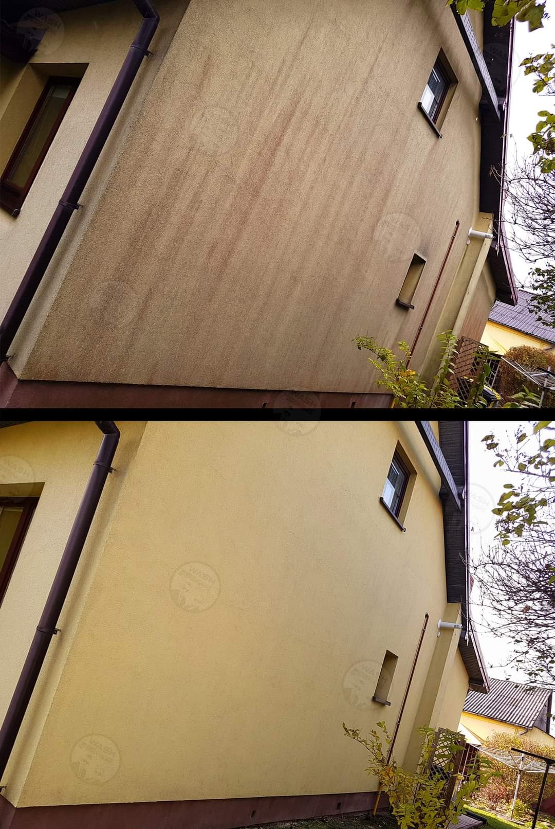 Porównanie elewacji budynku przed i po czyszczeniu, widoczne różnice w odcieniu i usunięcie zabrudzeń, z uwzględnieniem okien i rynien.