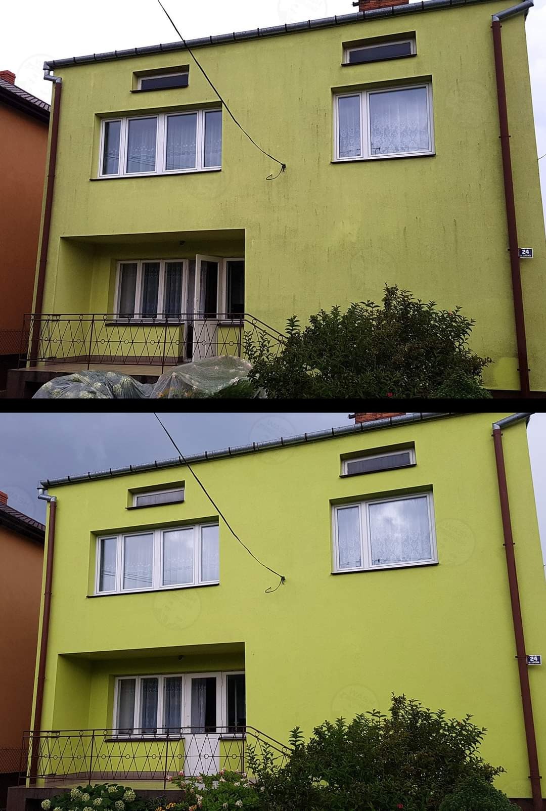 Dwukondygnacyjny dom z elewacją w odcieniu limonki, widoczne różnice w czystości powierzchni przed i po zabiegu, balkon z metalową balustradą zabezpieczony folią.