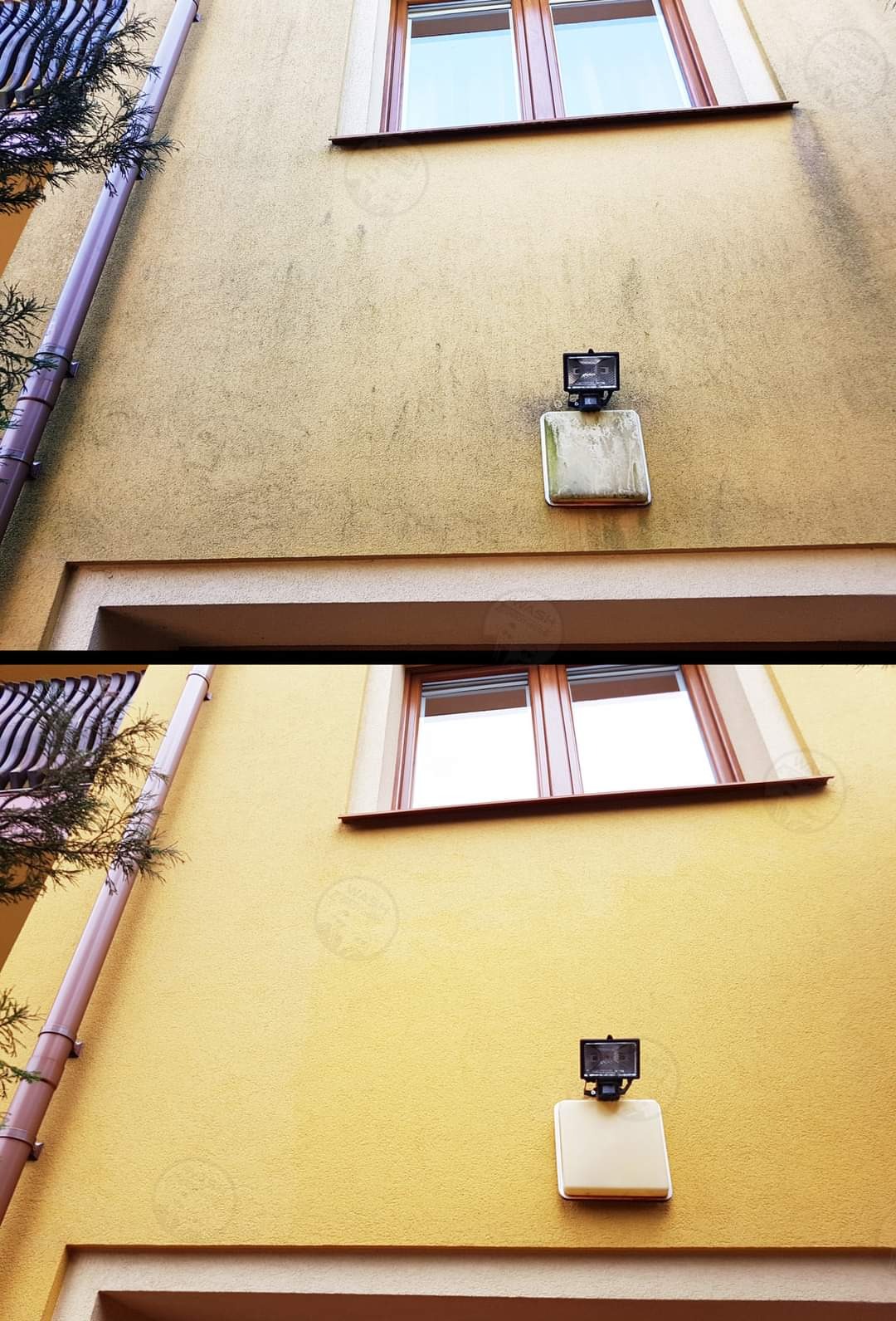 Porównanie fragmentu elewacji budynku przed i po czyszczeniu, widoczne różnice w kolorze i usunięcie zabrudzeń, z lampą zewnętrzną i oknem w tle.