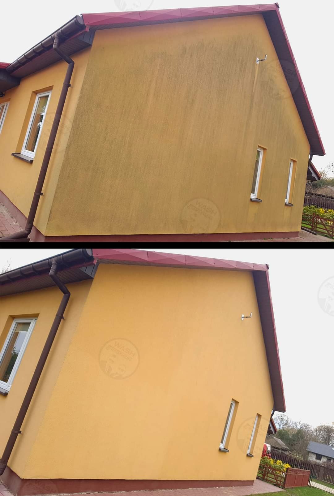 Żółta elewacja domu jednorodzinnego przed i po czyszczeniu, widoczne różnice w zabrudzeniach i odświeżonym kolorze, ciemne plamy na ścianie przed interwencją, jaśniejszy odcień po.